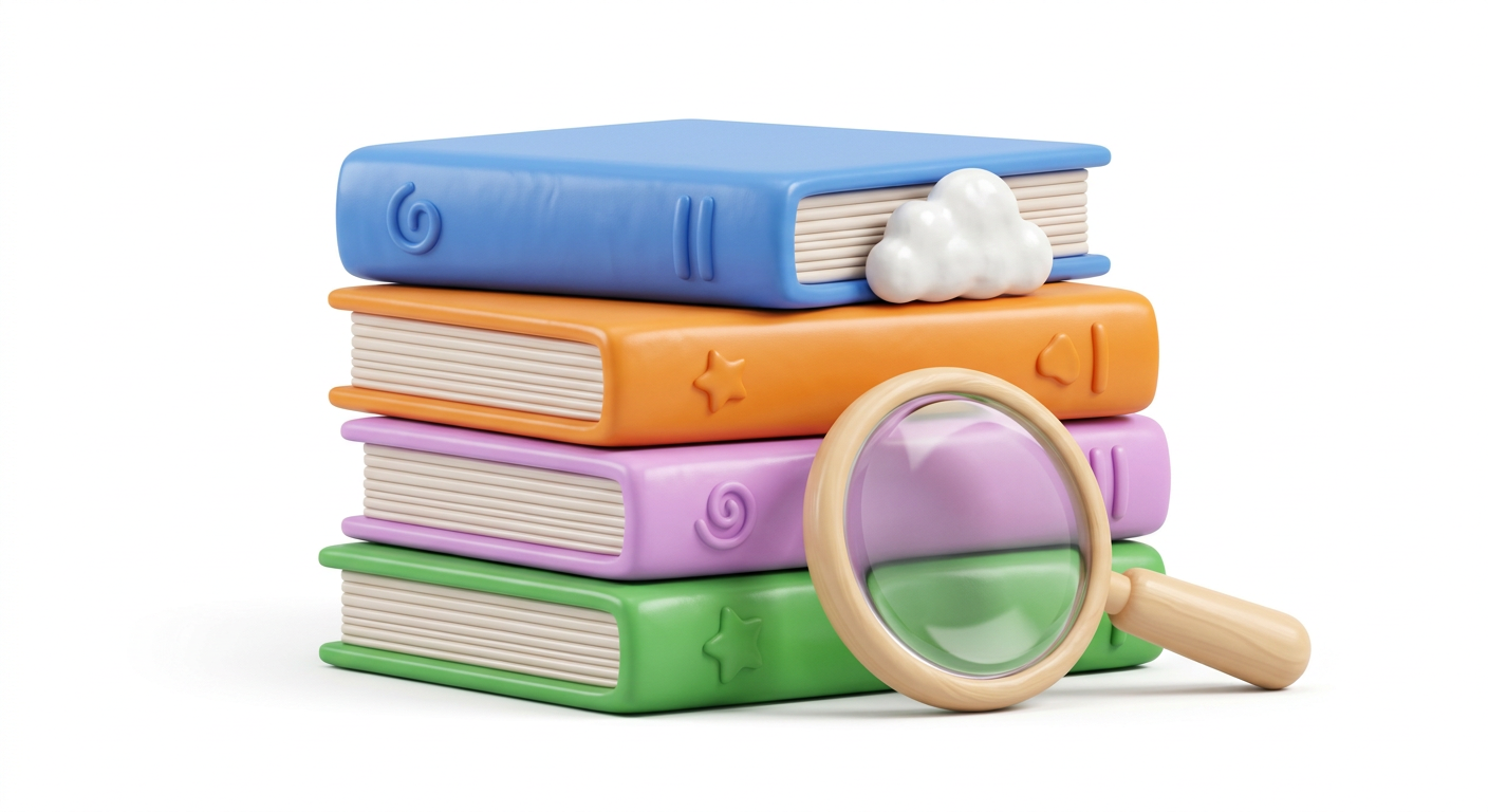 A stack of four colourful picture books with a magnifying glass leaning on them