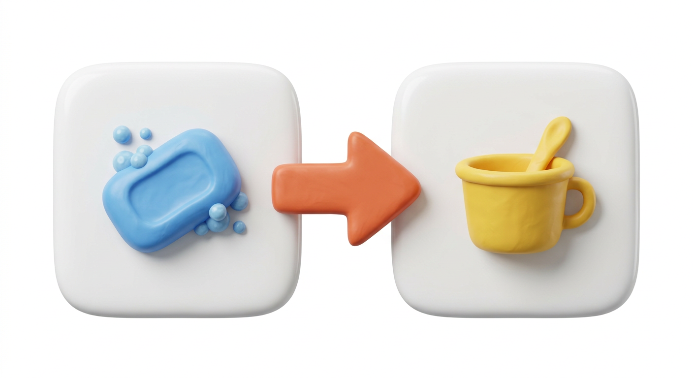Two white cards joined by an orange arrow, soap on the first and a snack cup on the second