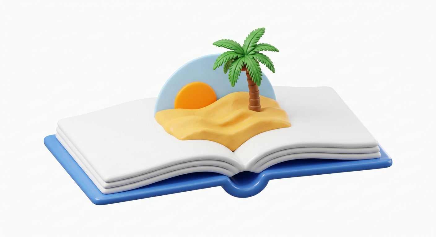 An open picture book with a small pop-up scene of sand dunes, a date palm and an orange sun